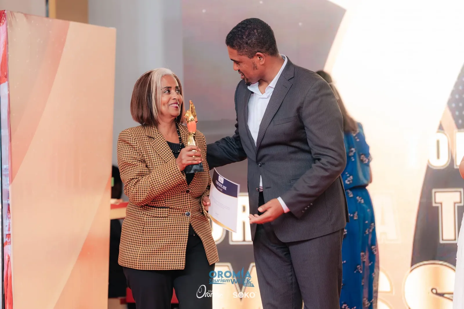 Special Contribution in Tourism Award 2023 Samrawit Moges of Travel Ethiopia receiving the 2023 Special Contribution in Tourism award from the Oromia Tourism Commission