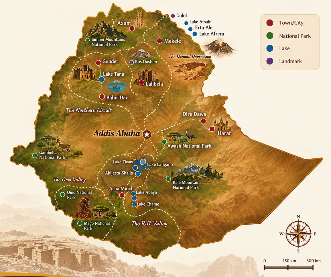 Illustrated Ethiopia travel map showing Addis Ababa, the northern circuit, Danakil, Harar, Bale Mountains, the Rift Valley and Omo Valley