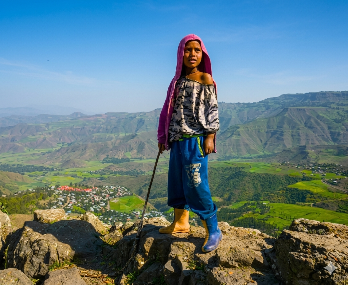 Young Ethiopian highlander overlooking the mountains