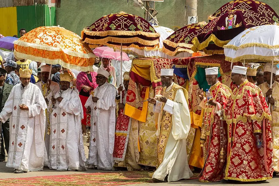 Timkat — Ethiopian Epiphany Pilgrims in white shamma robes celebrating Timkat, the Ethiopian Orthodox Epiphany festival in Gondar