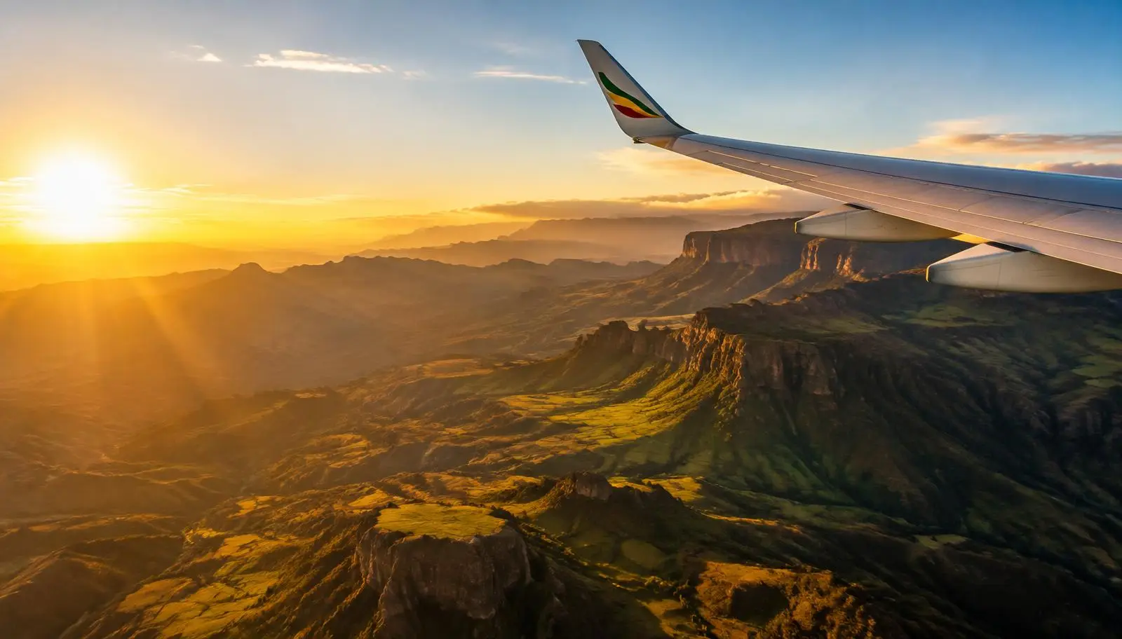 View of the Ethiopian highlands from an aircraft window on the flight from India to Addis Ababa